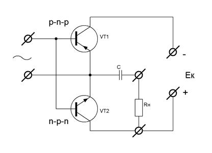 Комплиментарная пара. Двухтактный усилитель мощности на транзисторах. Двухтактный бестрансформаторный Каскад. Двухтактный Каскад на комплементарных транзисторах. Двухтактный Каскад на биполярных транзисторах.