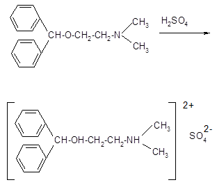 Димедрол подлинность реакции. Димедрол с серной кислотой реакция. Димедрол и серная кислота реакция. Димедрол с серной кислотой концентрированной реакция.