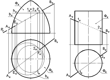 Точки пересечения прямой с плоскостью конуса. Построение точки пересечения прямой с поверхностью конуса. Построить точки пересечения прямой с конусом. Точки пересечения прямой с поверхностью вращения. Точки пересечения прямой с поверхностью вращения.