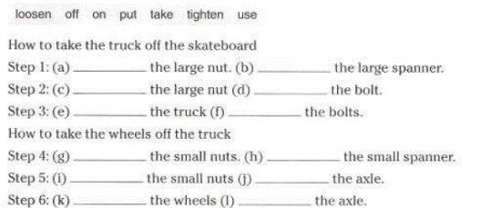 How off. How to take the Truck off the Skateboard Step 1 loosen the large nut. Step 1 a) ________ the large nut. B)__________ the large Spanner. Complete the instructions for these pictures use some of the Words in the Box loosen off on put take use how to take Truck off. Complete the instructions for these Words.