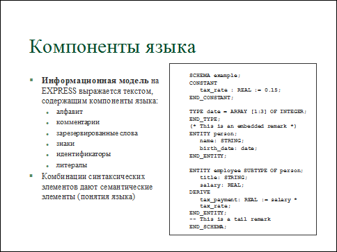 7 component. Компоненты языка. Основные компоненты языка. Элементы, составляющие понятие текста. Примеры моделей на языке Express.