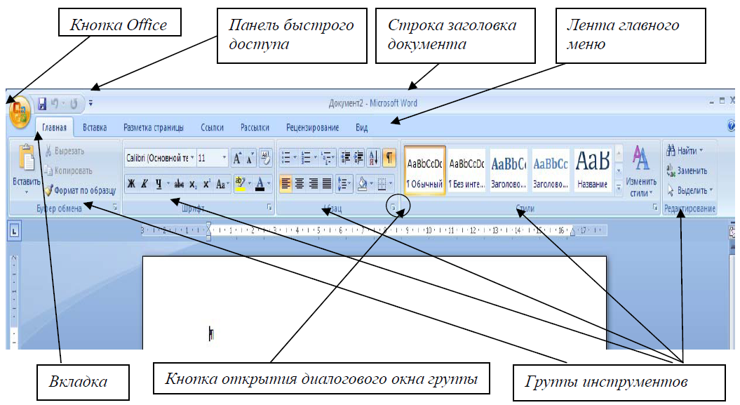 Вкладка меню главная